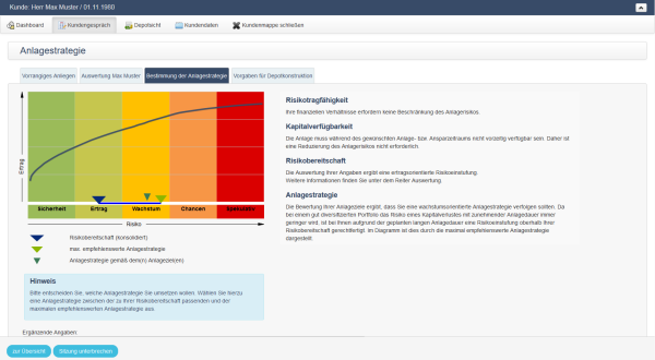 Das System hilft den Berater, die anlegergerechte Anlagestrategie für den Kunden zu ermitteln