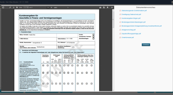 Mit Hilfe der Dokumentenvorschau kann der Berater alle zu erstellenden Dokumente prüfen